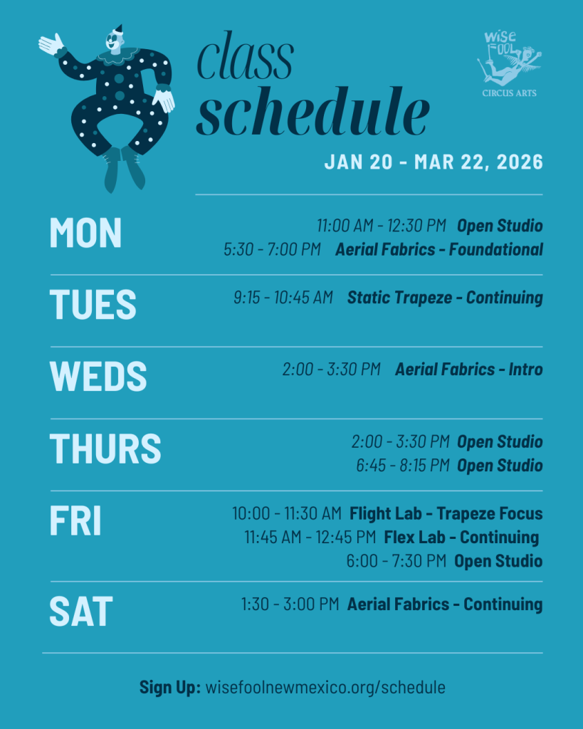 Two calendars showing the different series and drop-in class schedules from Jan 20 - March 22